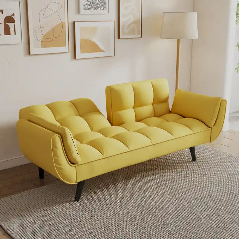 Canapé jaune avec accoudoirs et coussin décoratif - Canapé-lit confortable pour petits espaces, idéal pour les appartements