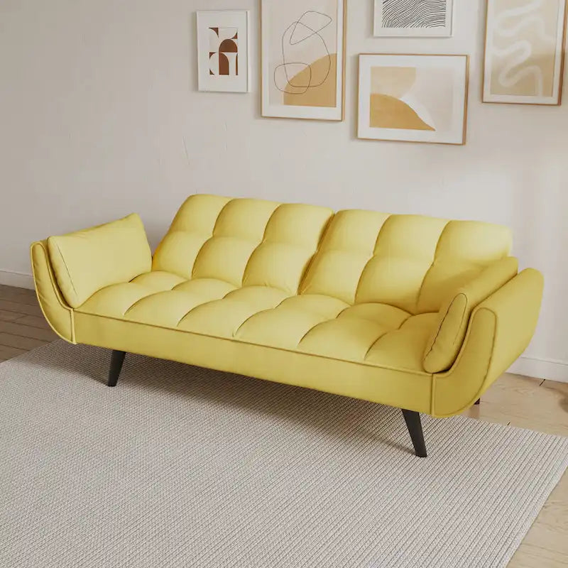 Canapé jaune avec accoudoirs et coussin décoratif - Canapé-lit confortable pour petits espaces, idéal pour les appartements