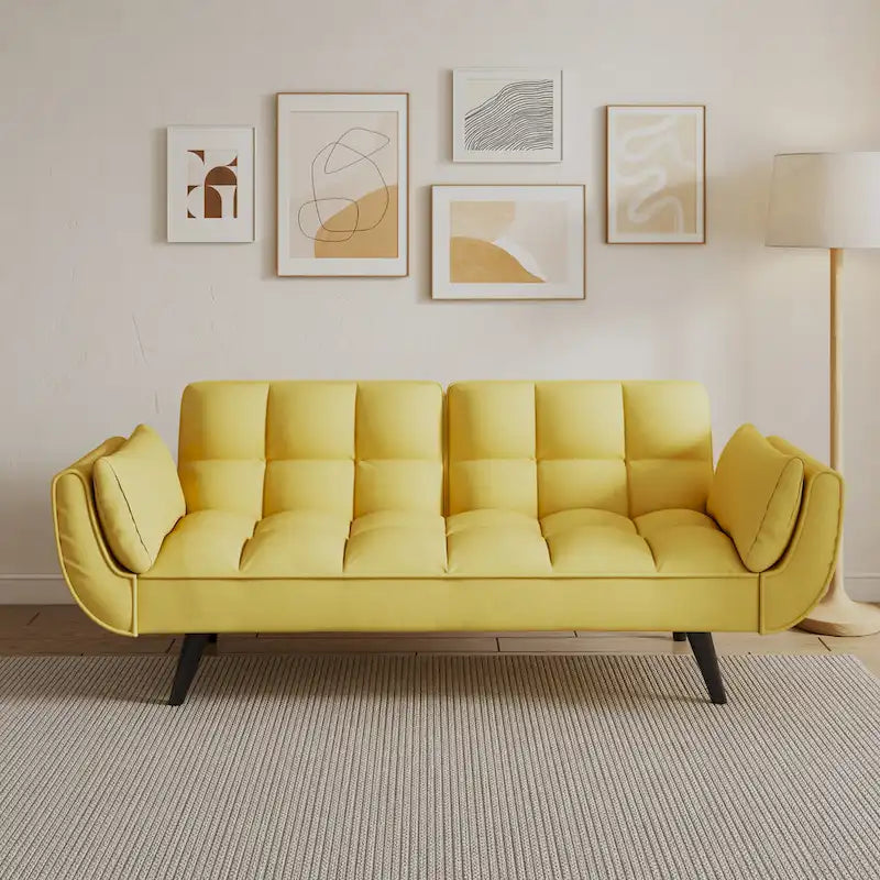 Canapé jaune avec accoudoirs et coussin décoratif - Canapé-lit confortable pour petits espaces, idéal pour les appartements