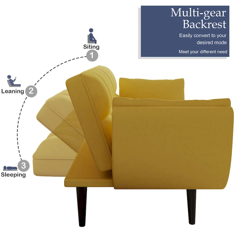 Canapé jaune avec accoudoirs et coussin décoratif - Canapé-lit confortable pour petits espaces, idéal pour les appartements