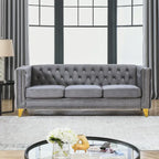 Canapé 3 places gris en velours capitonné 80,5 po avec clous décoratifs