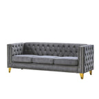 Canapé 3 places gris en velours capitonné 80,5 po avec clous décoratifs