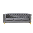 Canapé 3 places gris en velours capitonné 80,5 po avec clous décoratifs