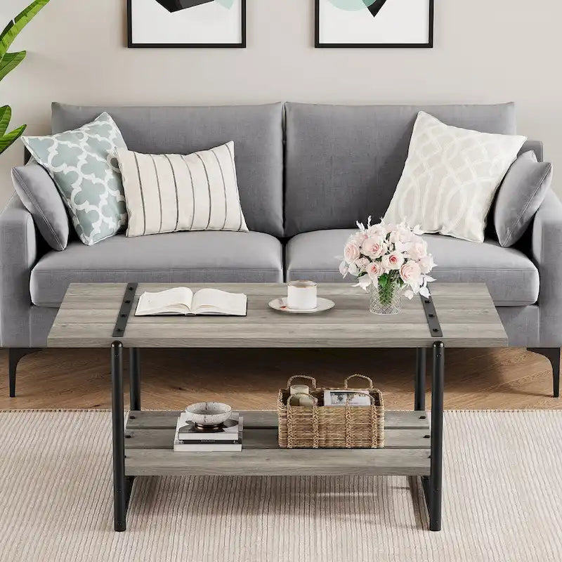 41 Grande table basse industrielle à 2 niveaux en bois avec étagère de rangement