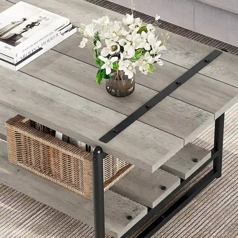 41 Grande table basse industrielle à 2 niveaux en bois avec étagère de rangement