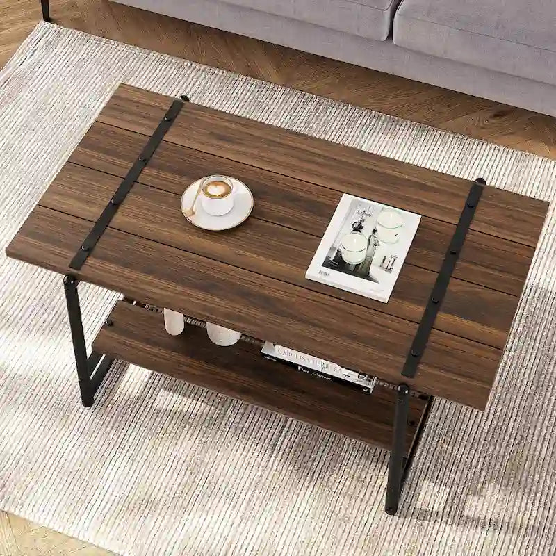 41 Grande table basse industrielle à 2 niveaux en bois avec étagère de rangement