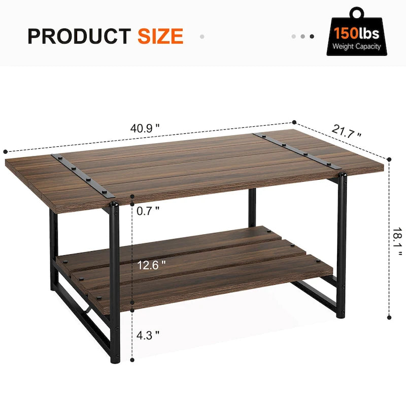 41 Grande table basse industrielle à 2 niveaux en bois avec étagère de rangement