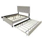 Lit plateforme Queen avec tête de lit touffetée dorée, lit gigogne et rangement (capacité de 272 kg)