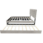 Lit plateforme Queen avec tête de lit touffetée dorée, lit gigogne et rangement (capacité de 272 kg)