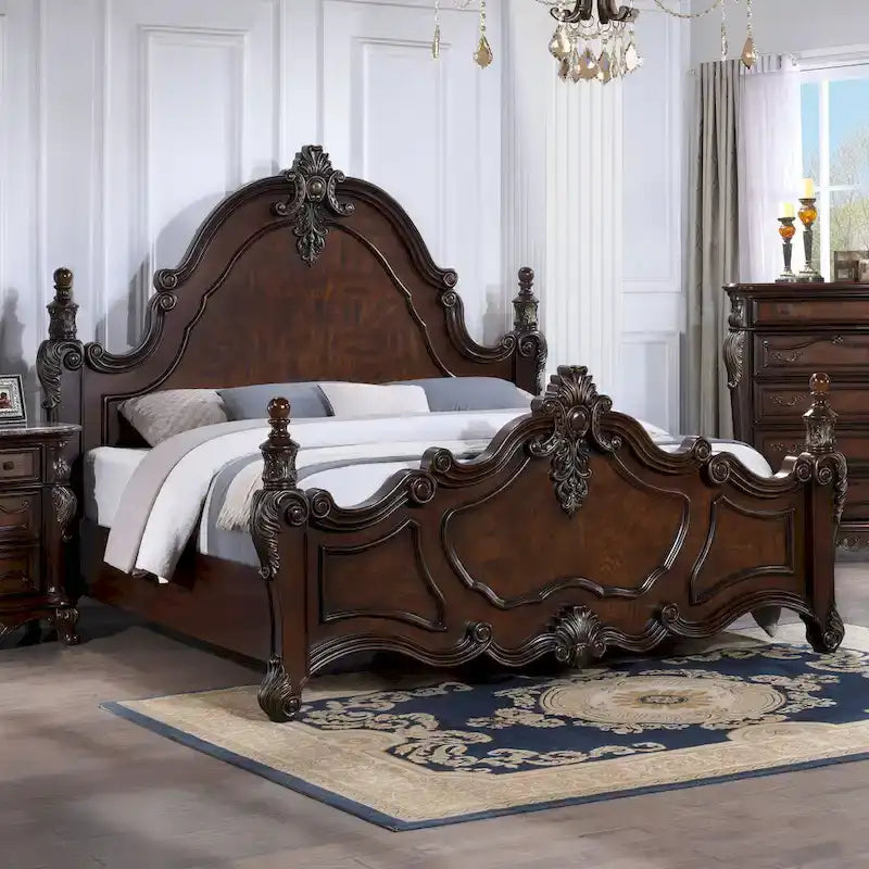  Eugene Traditional Dark Cherry Solid Wood Four Poster Panel Bed with Carved Details