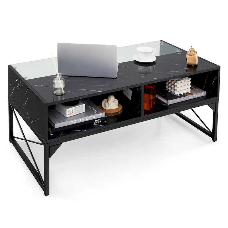 Gymax High-gloss LED Coffee Table w/ Faux Marble & Tempered Glass Top