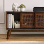 Meuble TV 59 en Noyer avec Étagères Ouvertes et Portes d'Armoire en Rotin pour TV jusqu'à 65 pouces