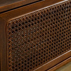 Meuble TV 59 en Noyer avec Étagères Ouvertes et Portes d'Armoire en Rotin pour TV jusqu'à 65 pouces