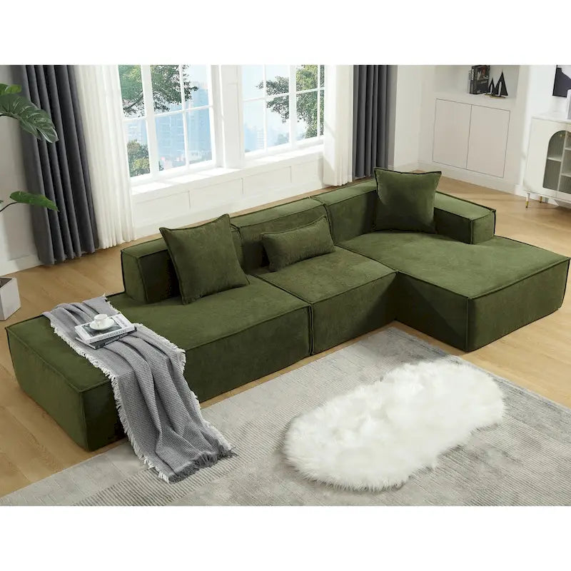 Canapé sectionnel vert 129,5 places en forme de L, modulable, minimaliste, avec méridienne, conception polyvalente à combinaison libre