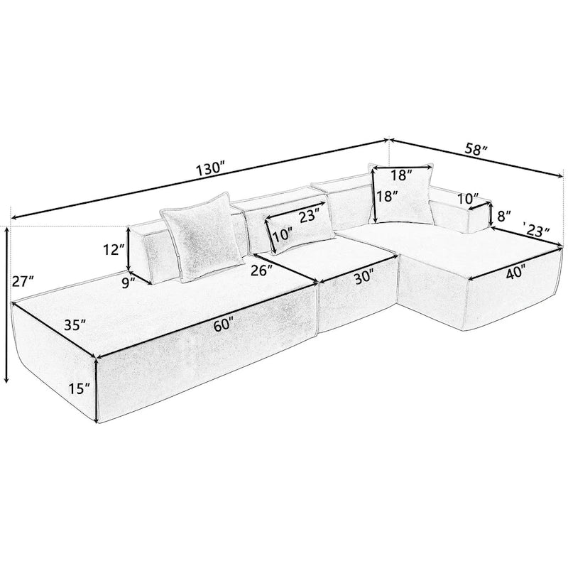 Canapé sectionnel vert 129,5 places en forme de L, modulable, minimaliste, avec méridienne, conception polyvalente à combinaison libre