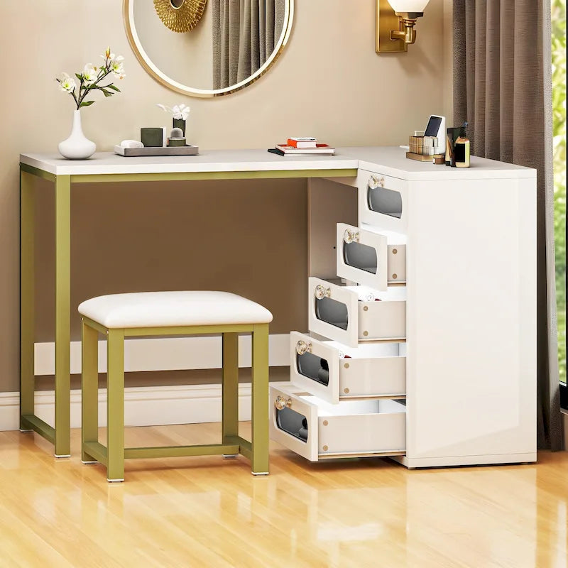 Bureau de manucure en L à 5 tiroirs avec tabouret rembourré et lampe LED