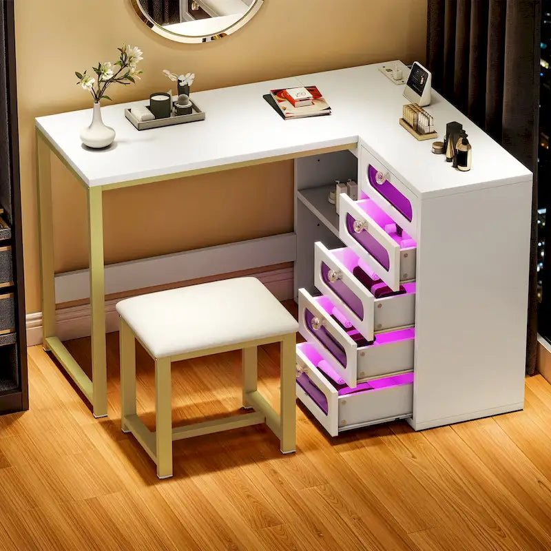 Bureau de manucure en L à 5 tiroirs avec tabouret rembourré et lampe LED