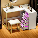 Bureau de manucure en L à 5 tiroirs avec tabouret rembourré et lampe LED