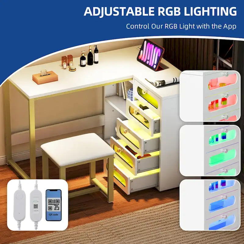 Bureau de manucure en L à 5 tiroirs avec tabouret rembourré et lampe LED