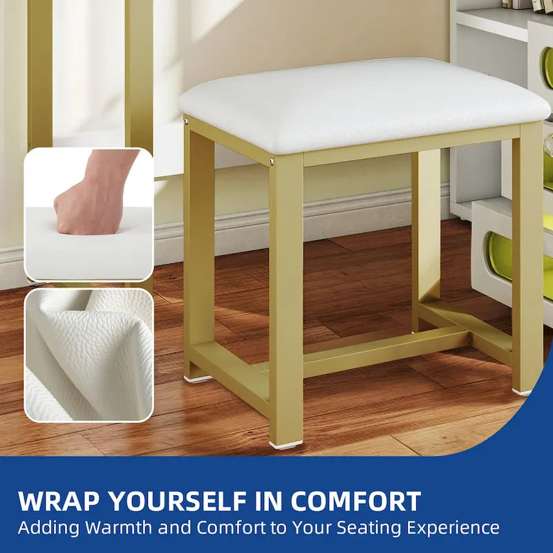 Bureau de manucure en L à 5 tiroirs avec tabouret rembourré et lampe LED
