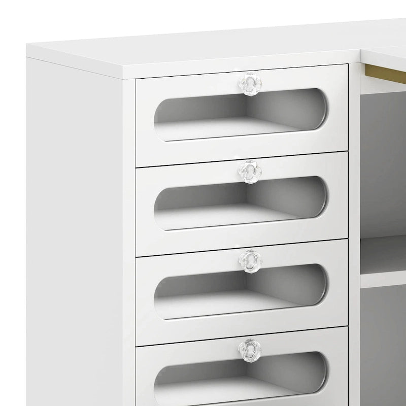 Bureau de manucure en L à 5 tiroirs avec tabouret rembourré et lampe LED