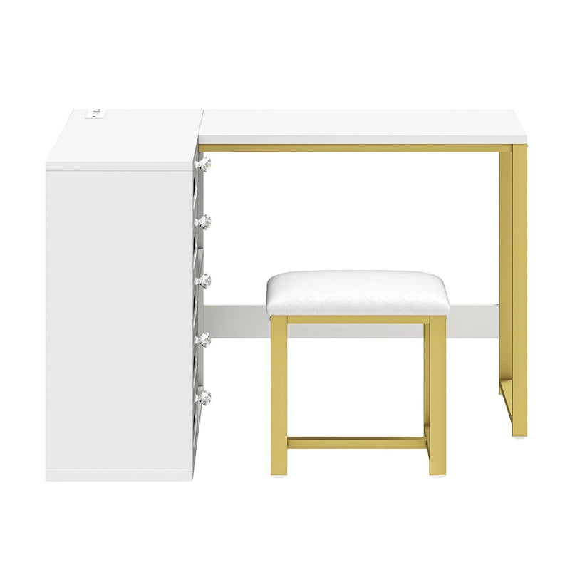 Bureau de manucure en L à 5 tiroirs avec tabouret rembourré et lampe LED