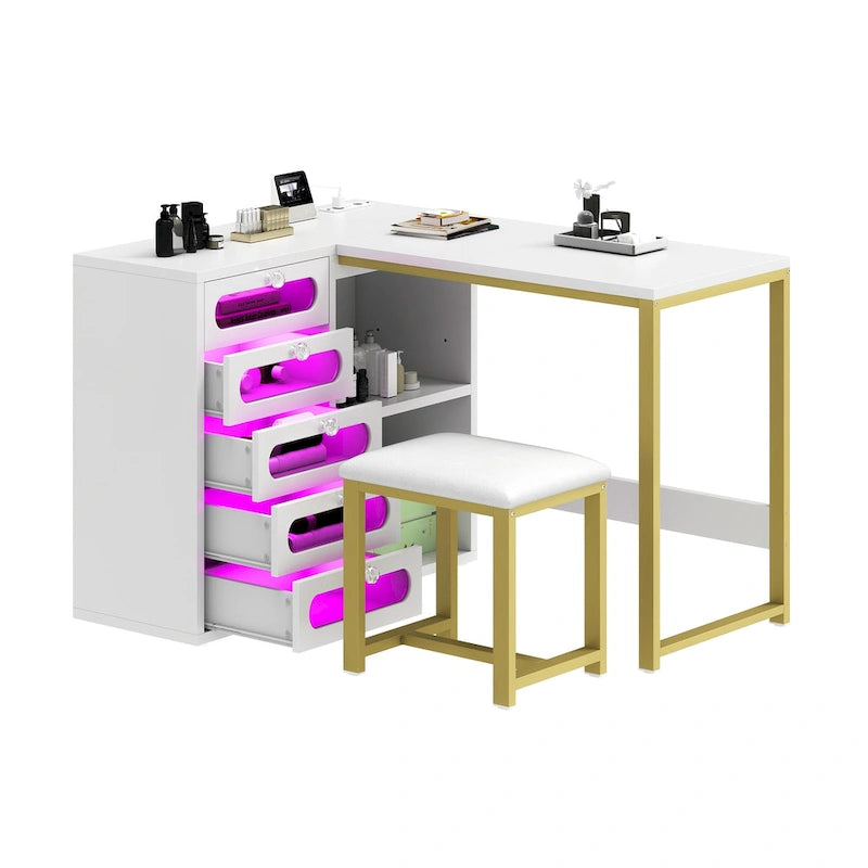Bureau de manucure en L à 5 tiroirs avec tabouret rembourré et lampe LED