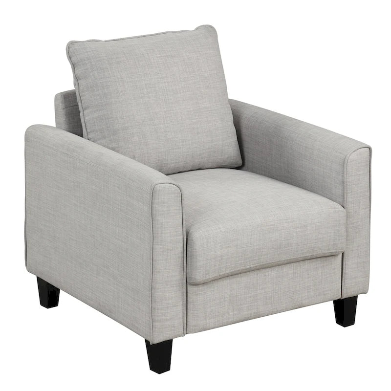 Fauteuil contemporain Rowan avec accoudoirs évasés, pieds effilés en bois massif, fauteuil simple rembourré en tissu par