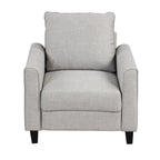 Fauteuil contemporain Rowan avec accoudoirs évasés, pieds effilés en bois massif, fauteuil simple rembourré en tissu par