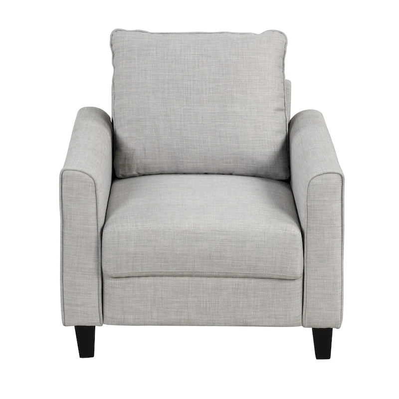 Fauteuil contemporain Rowan avec accoudoirs évasés, pieds effilés en bois massif, fauteuil simple rembourré en tissu par