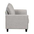 Fauteuil contemporain Rowan avec accoudoirs évasés, pieds effilés en bois massif, fauteuil simple rembourré en tissu par