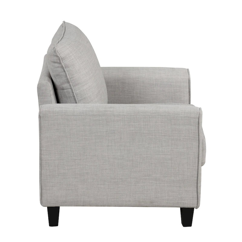 Fauteuil contemporain Rowan avec accoudoirs évasés, pieds effilés en bois massif, fauteuil simple rembourré en tissu par