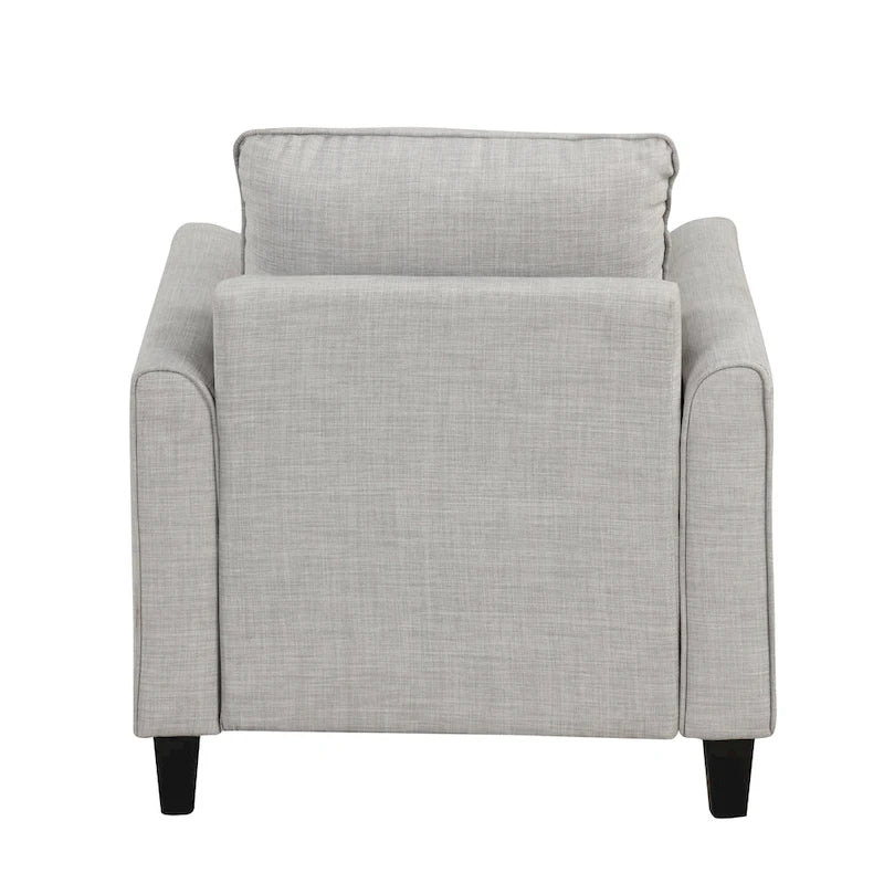 Fauteuil contemporain Rowan avec accoudoirs évasés, pieds effilés en bois massif, fauteuil simple rembourré en tissu par