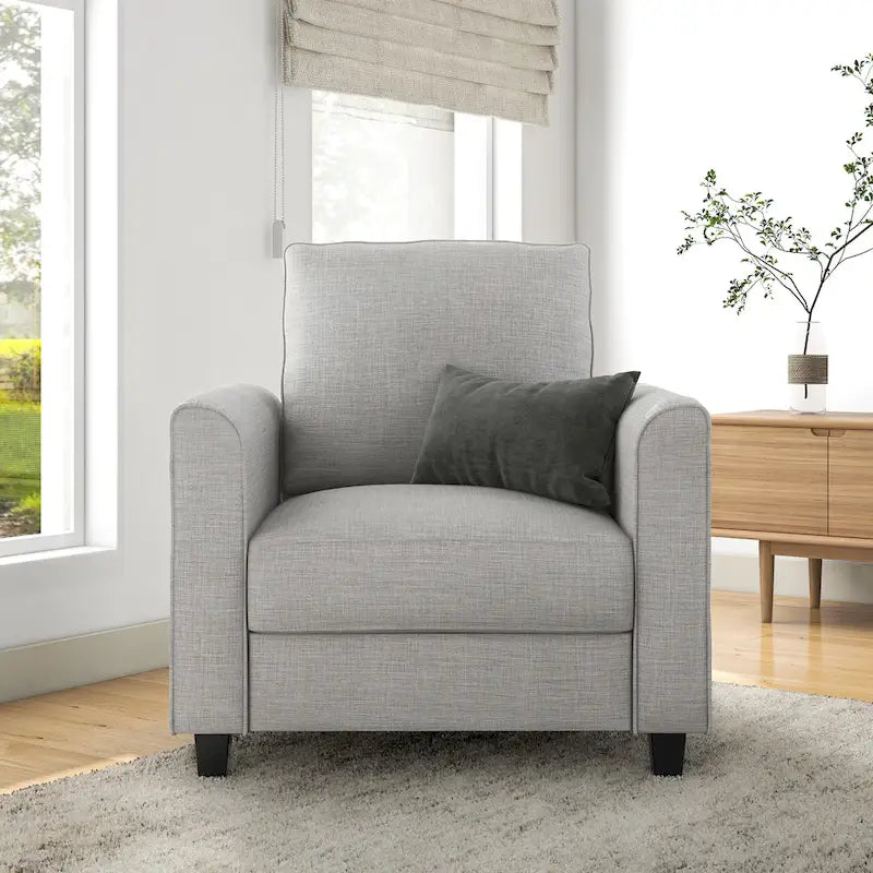 Fauteuil contemporain Rowan avec accoudoirs évasés, pieds effilés en bois massif, fauteuil simple rembourré en tissu par