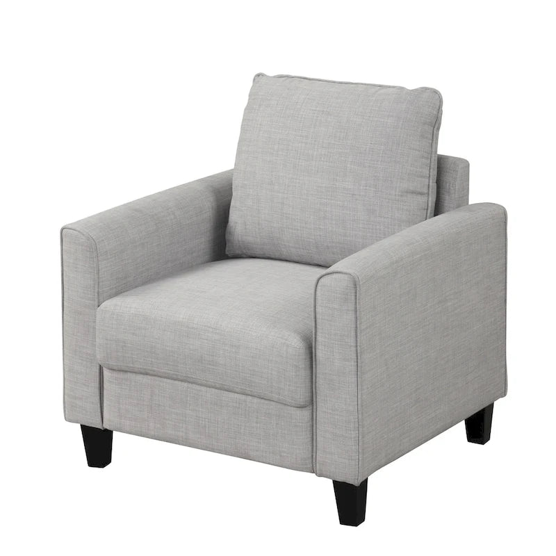 Fauteuil contemporain Rowan avec accoudoirs évasés, pieds effilés en bois massif, fauteuil simple rembourré en tissu par