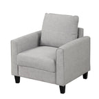Fauteuil contemporain Rowan avec accoudoirs évasés, pieds effilés en bois massif, fauteuil simple rembourré en tissu par