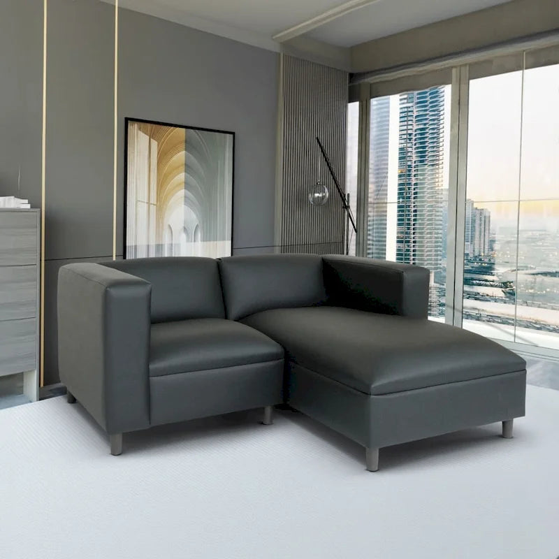 Coast to Coast Sofas Mid Century Modern L Shaped Sofa Faux Leather Solid Wood Frame Upholstered