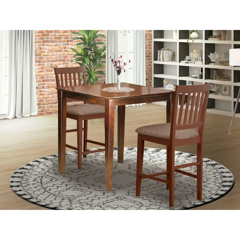  3 Piece Counter Height Pub Set- a Square Dining Table and 2 Kitchen Chairs, Mahogany(Seat Type Options)