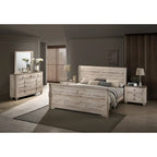  Imerland Contemporary White Wash Finish Bedroom Set with Sleigh Bed, Dresser, Mirror, Two Nightstands