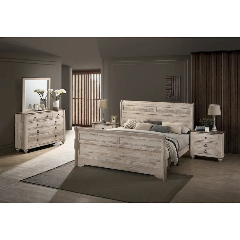 Imerland Contemporary White Wash Finish Bedroom Set with Sleigh Bed, Dresser, Mirror, Two Nightstands