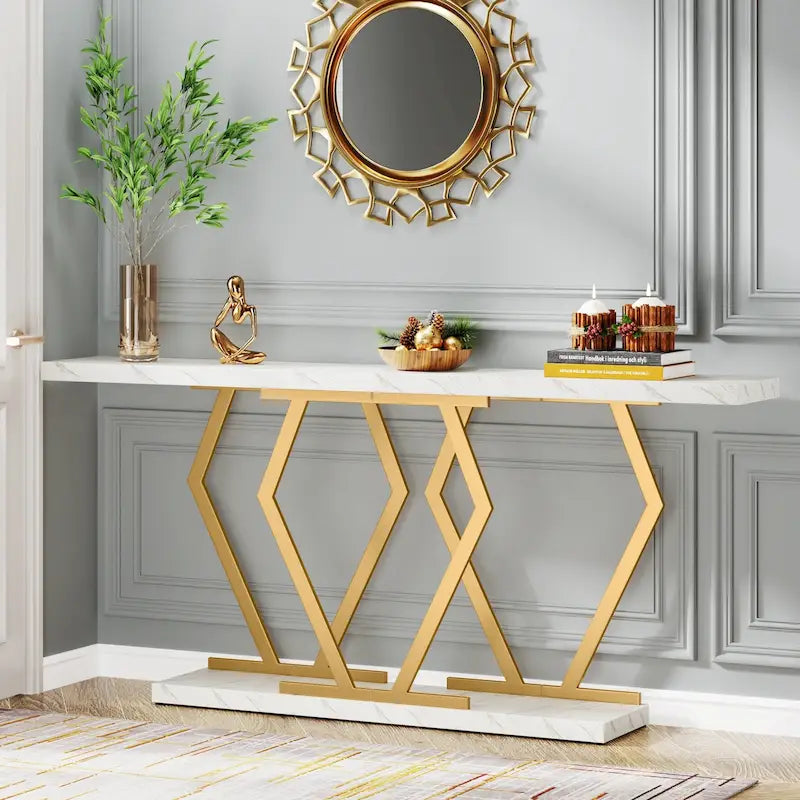 Console moderne de 70,9" – Faux marbre et structure dorée