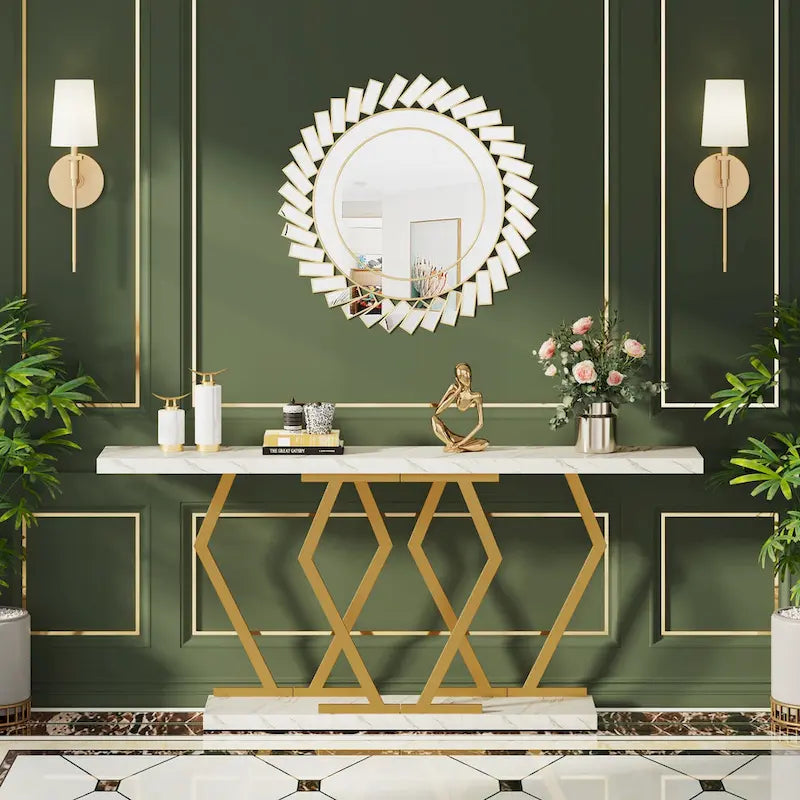 Console moderne de 70,9" – Faux marbre et structure dorée