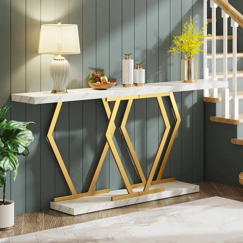 Console moderne de 70,9" – Faux marbre et structure dorée