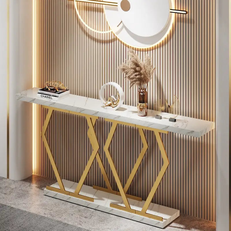 Console moderne de 70,9" – Faux marbre et structure dorée