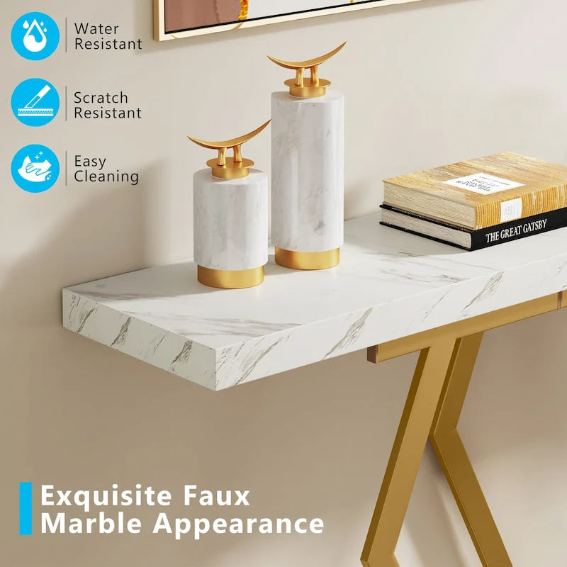 Console moderne de 70,9" – Faux marbre et structure dorée