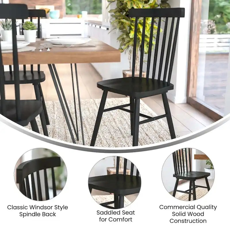 Chaises de salle à manger commerciales de style Windsor à dossier à barreaux en bois massif - Lot de 2