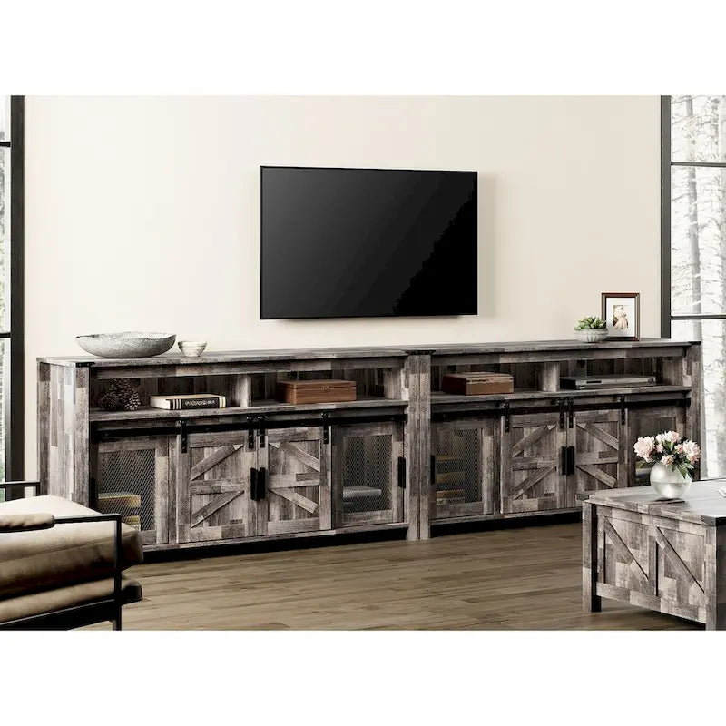 Meuble TV avec porte de grange de style rustique, centre de divertissement pour salon
