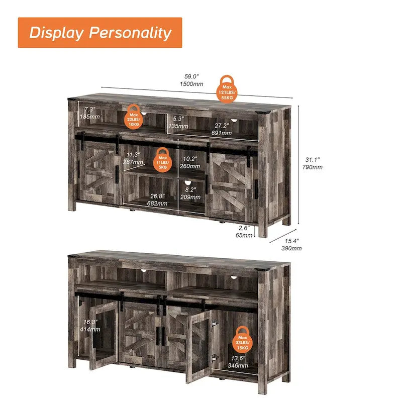 Meuble TV avec porte de grange de style rustique, centre de divertissement pour salon