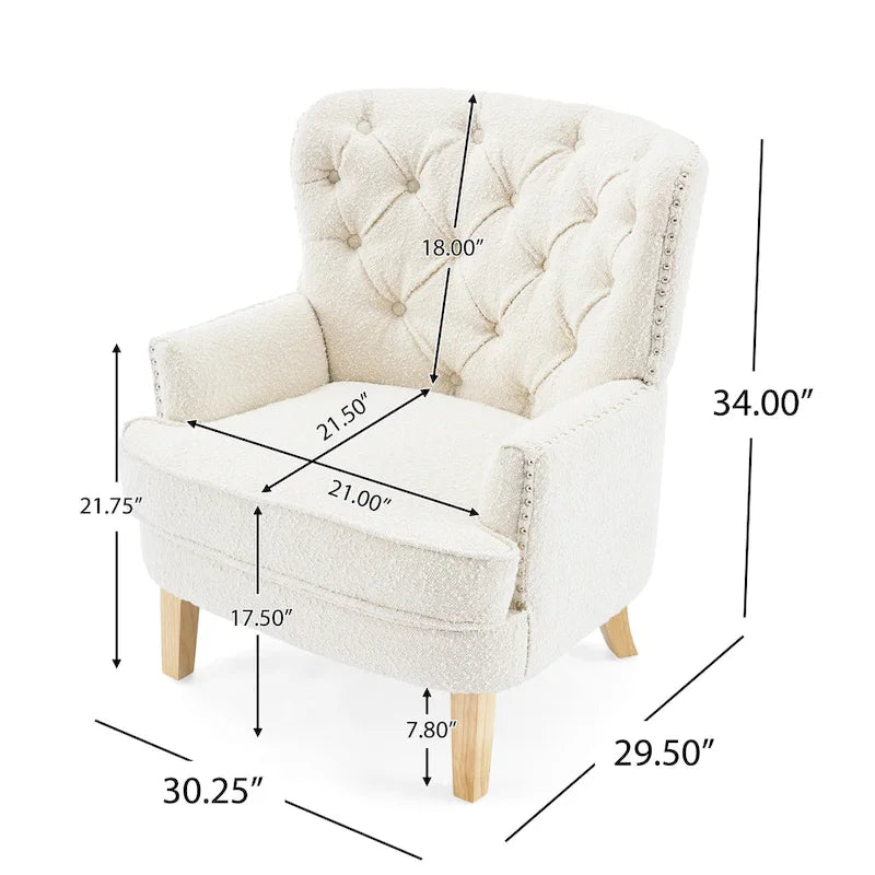 Fauteuil Club en Tissu Bouclé Couleur Amande avec Clous Décoratifs par