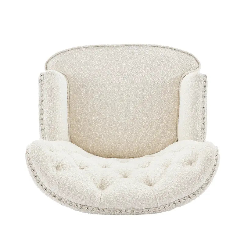 Fauteuil Club en Tissu Bouclé Couleur Amande avec Clous Décoratifs par